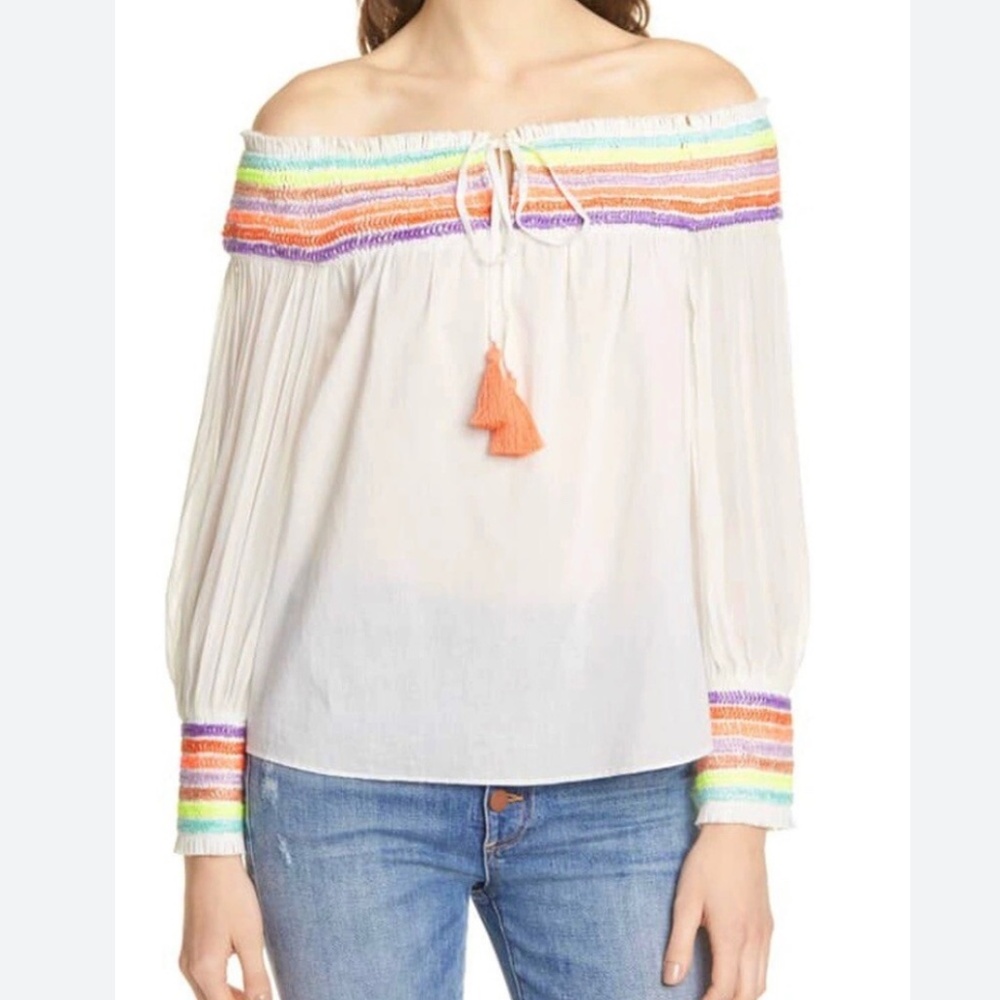 Alice + Olivia Sharyl Rainbow Peasant Embroidered Blouse Off Shldr Top XS $395